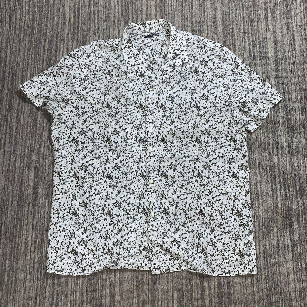 Murano Mens Size XL Button Front Shirt Black White Hawaiian Print Short Sleeves